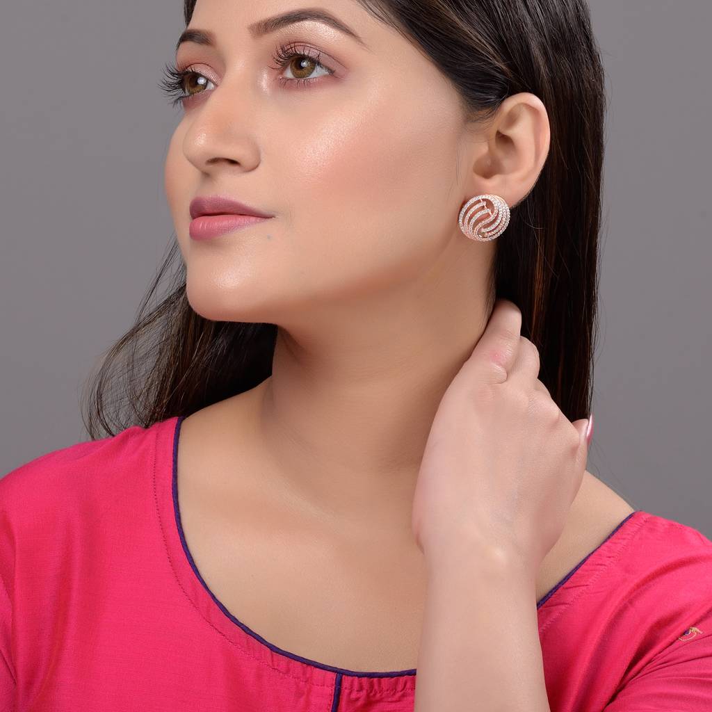 Rose Gold Plated Ad Studded Contemporary Stud Earrings : SJER1322