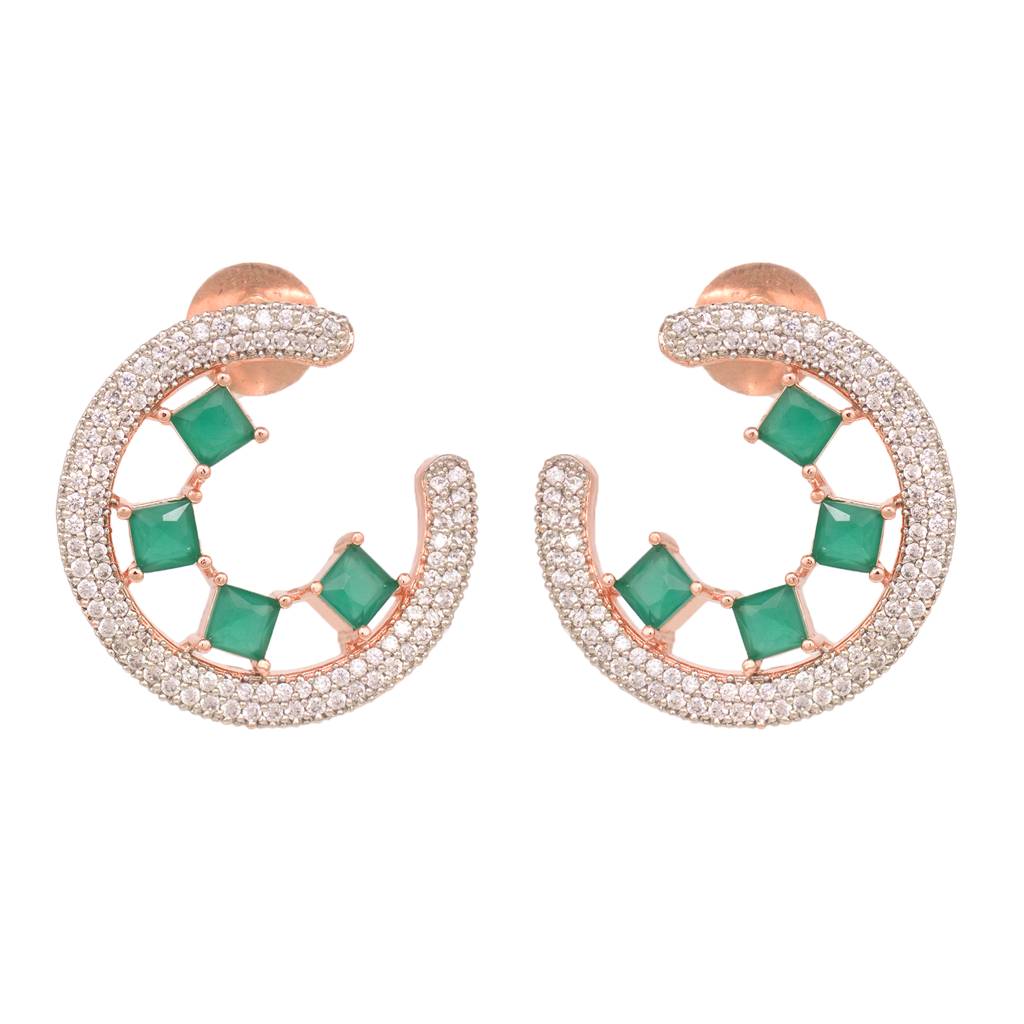 Rose Gold Plated Green Ad Studded Half Hoop Stud Earrings : SJER1326