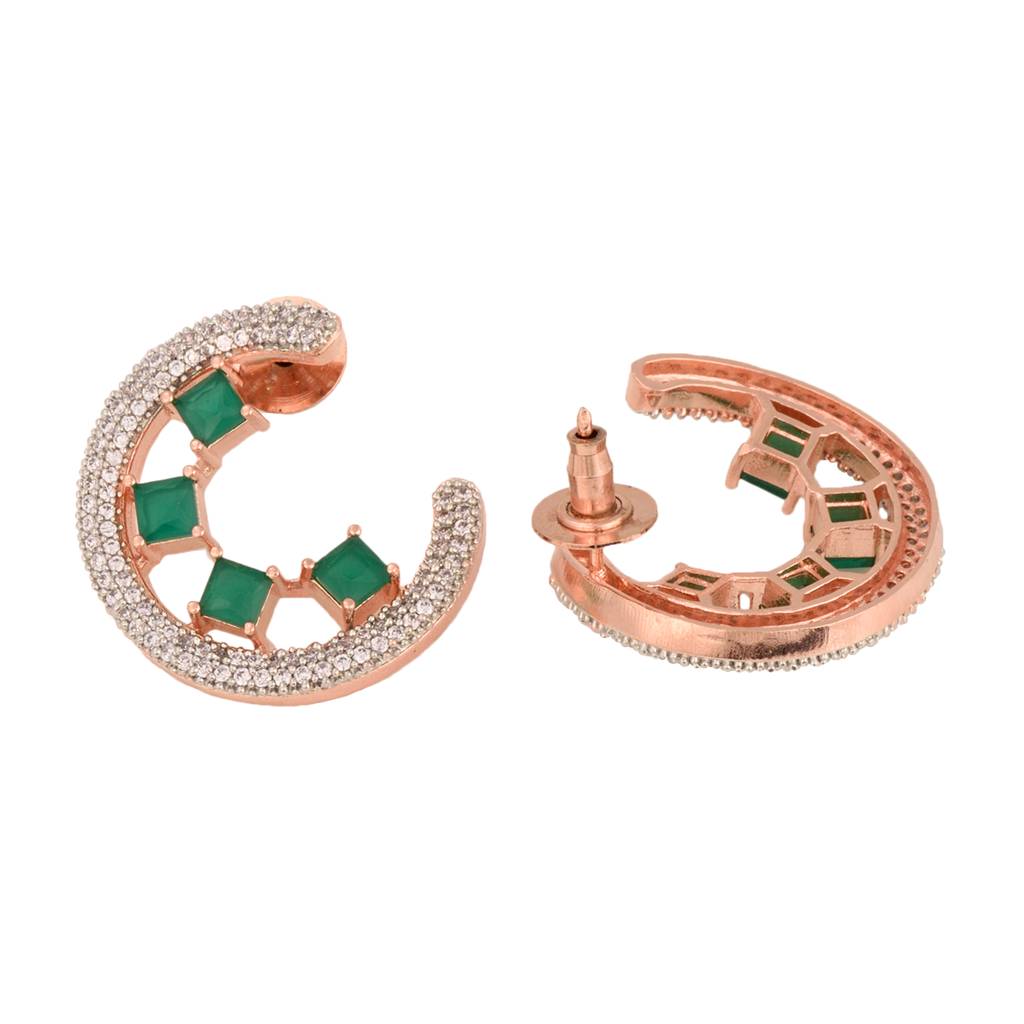 Rose Gold Plated Green Ad Studded Half Hoop Stud Earrings : SJER1326