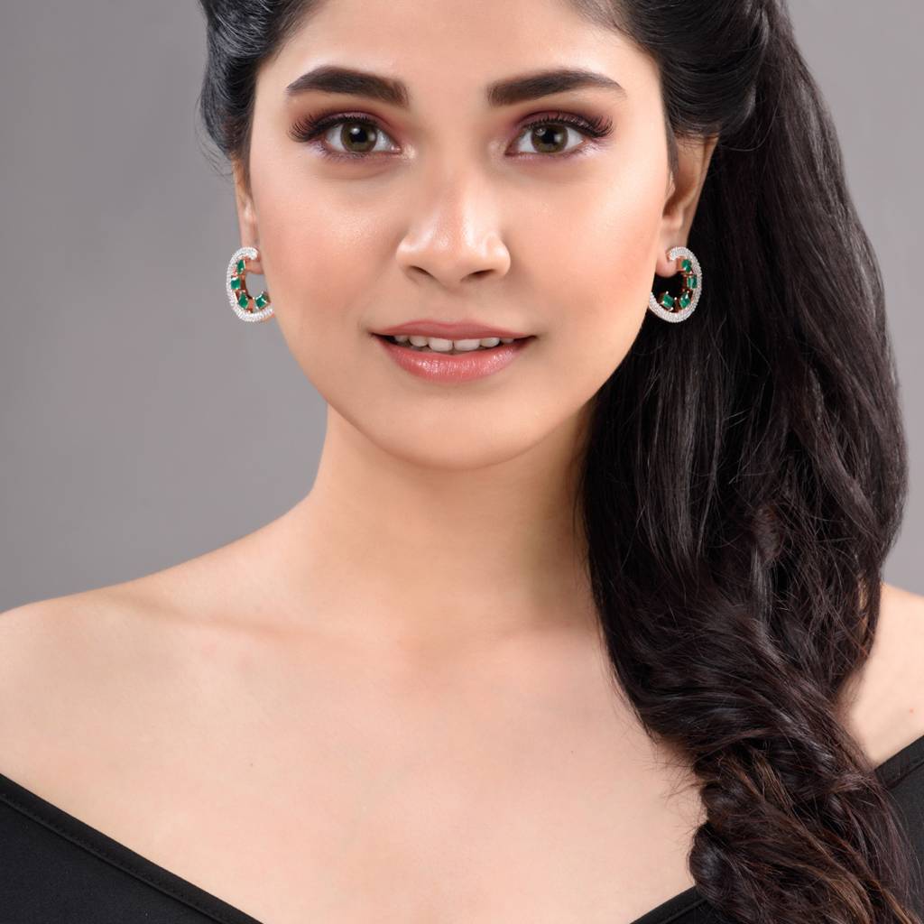 Rose Gold Plated Green Ad Studded Half Hoop Stud Earrings : SJER1326