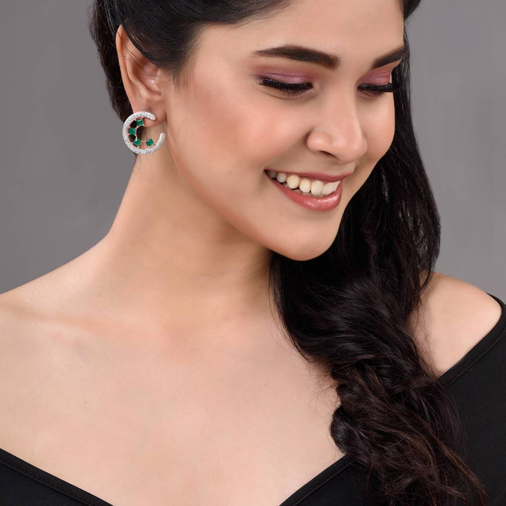 Rose Gold Plated Green Ad Studded Half Hoop Stud Earrings : SJER1326