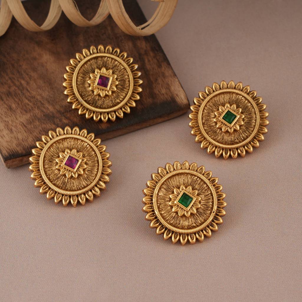 Stunning Lotus Inspired Antique Gold Stone Stud- Red : SJ126