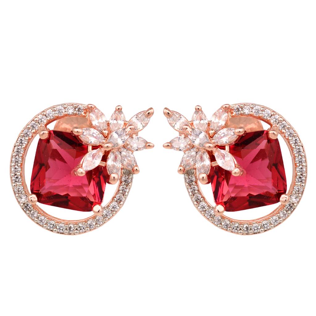 Rose Gold Plated Pink Ruby Ad Floral Contemporary Studs Earrings : SJER1328
