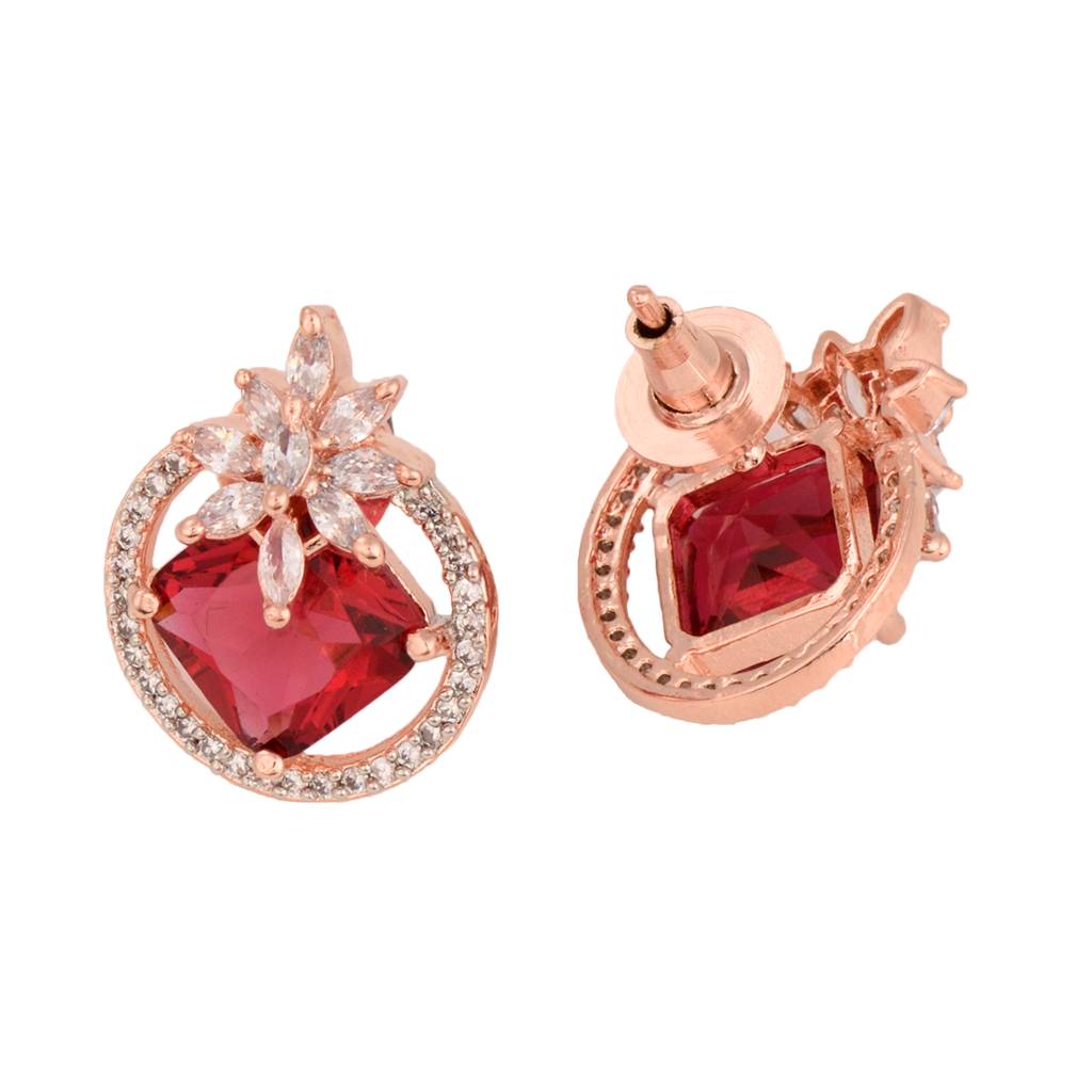 Rose Gold Plated Pink Ruby Ad Floral Contemporary Studs Earrings : SJER1328