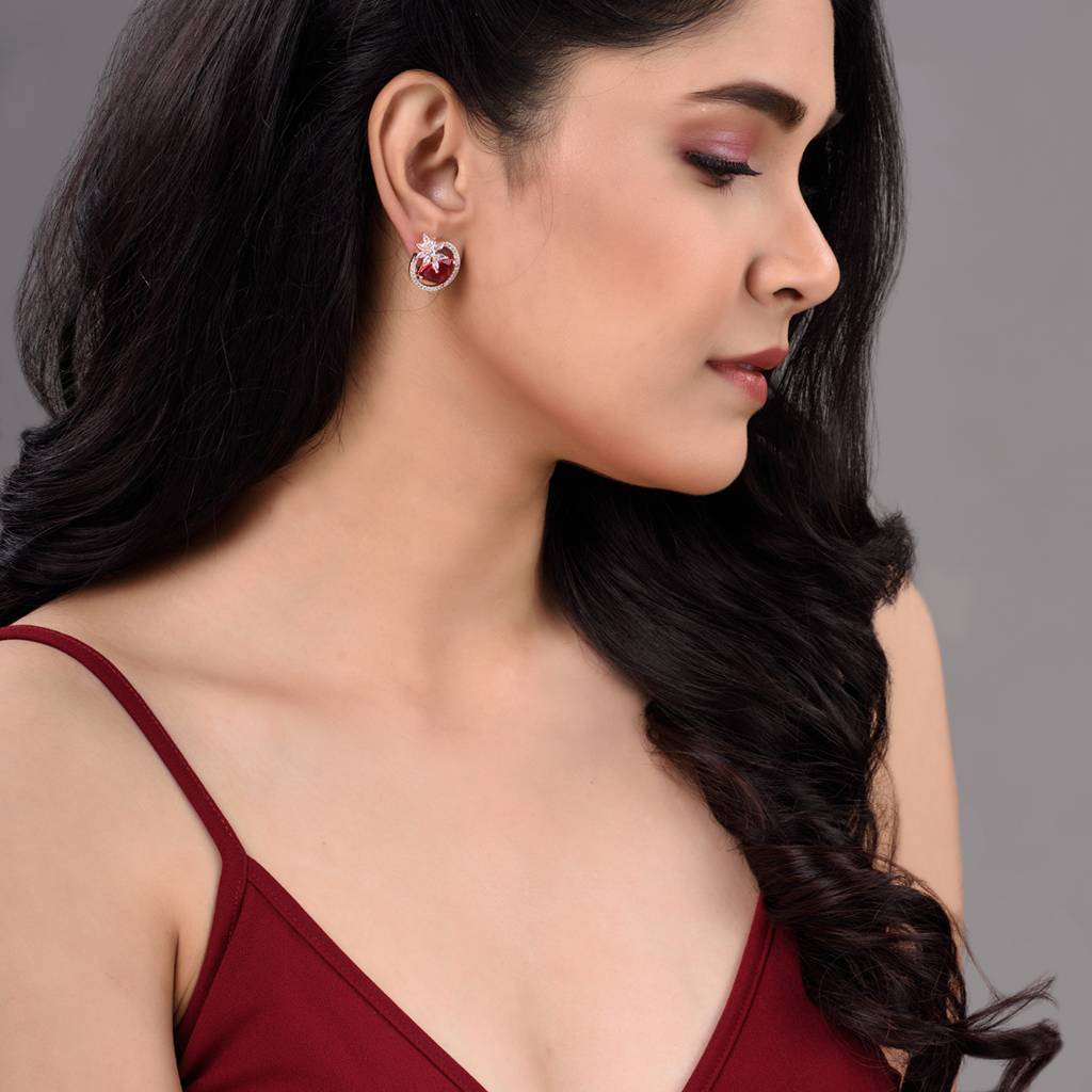 Rose Gold Plated Pink Ruby Ad Floral Contemporary Studs Earrings : SJER1328