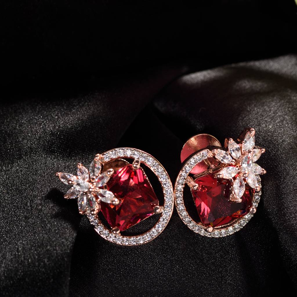 Rose Gold Plated Pink Ruby Ad Floral Contemporary Studs Earrings Brass  Free Size Red