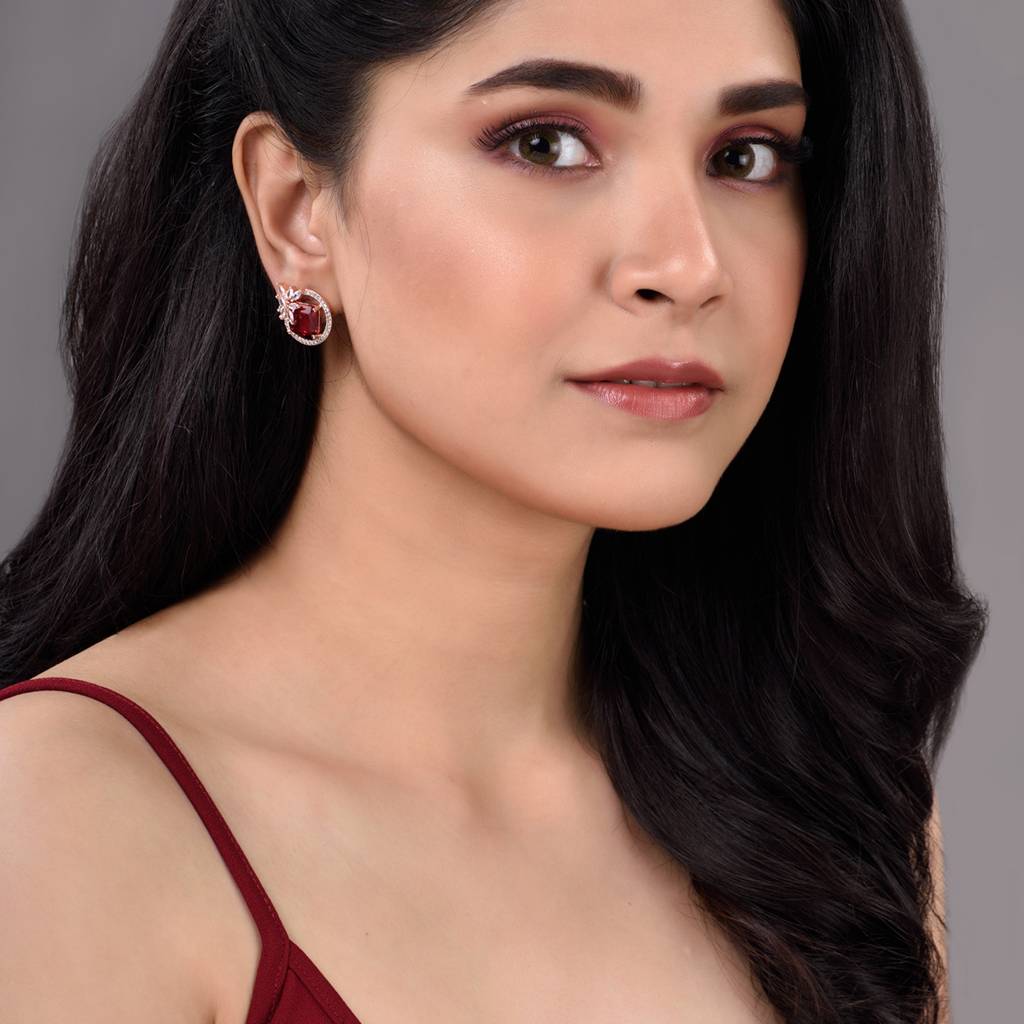 Rose Gold Plated Pink Ruby Ad Floral Contemporary Studs Earrings : SJER1328