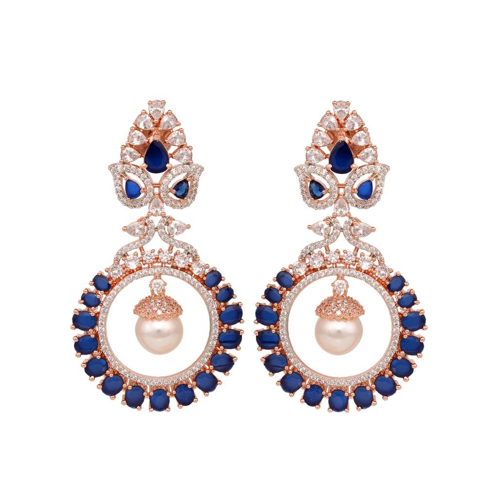 Rose Gold Plated Pearl With Blue Ad Studded Chandbali Drop Earrings : SJER1329