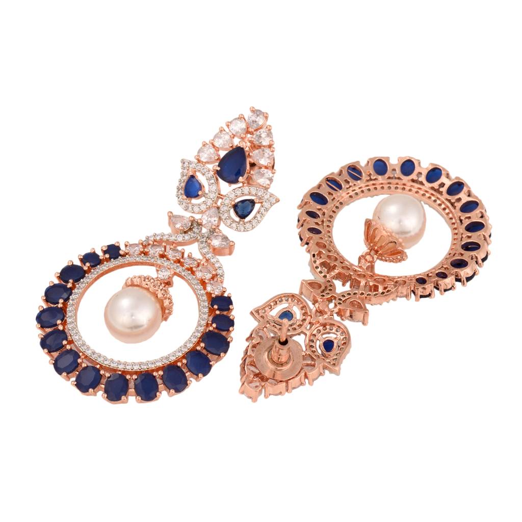Rose Gold Plated Pearl With Blue Ad Studded Chandbali Drop Earrings : SJER1329