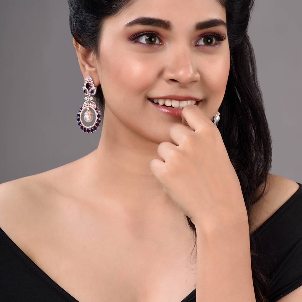 Rose Gold Plated Pearl With Blue Ad Studded Chandbali Drop Earrings : SJER1329