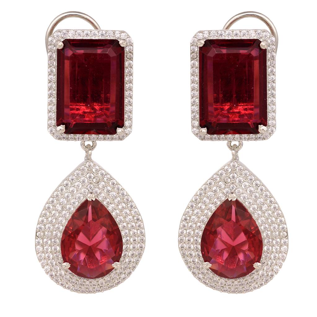 Silver Plated Red Ruby Studded Teardrop Chandelier Earring : SJER1330