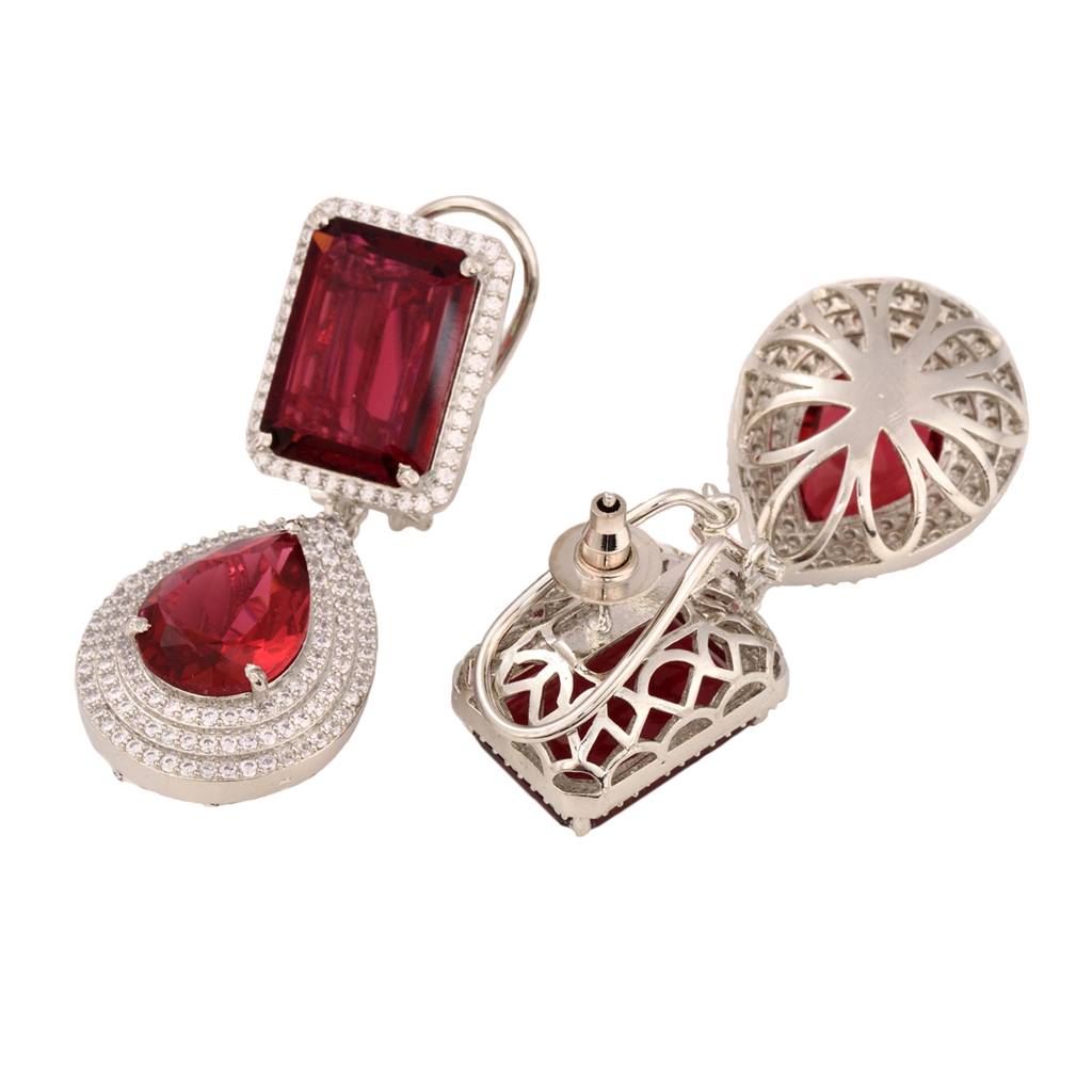 Silver Plated Red Ruby Studded Teardrop Chandelier Earring : SJER1330