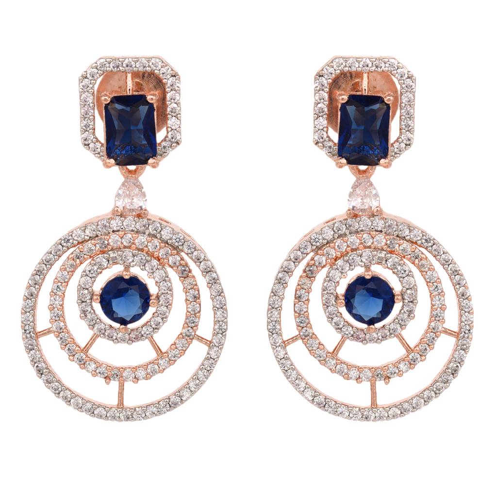 Rose Gold Plated Blue & White Ad Studded Concentric Dropdown Earrings : SJER1331