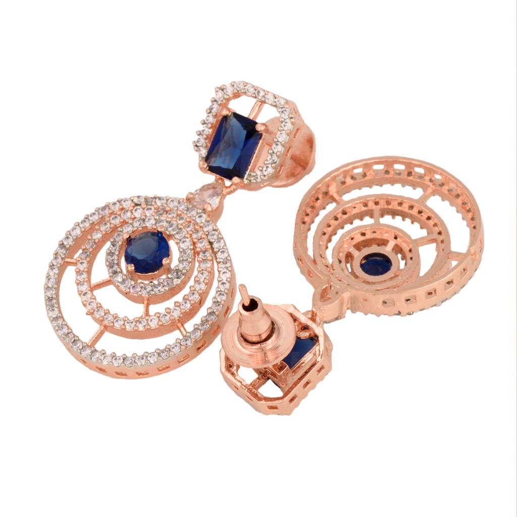 Rose Gold Plated Blue & White Ad Studded Concentric Dropdown Earrings : SJER1331