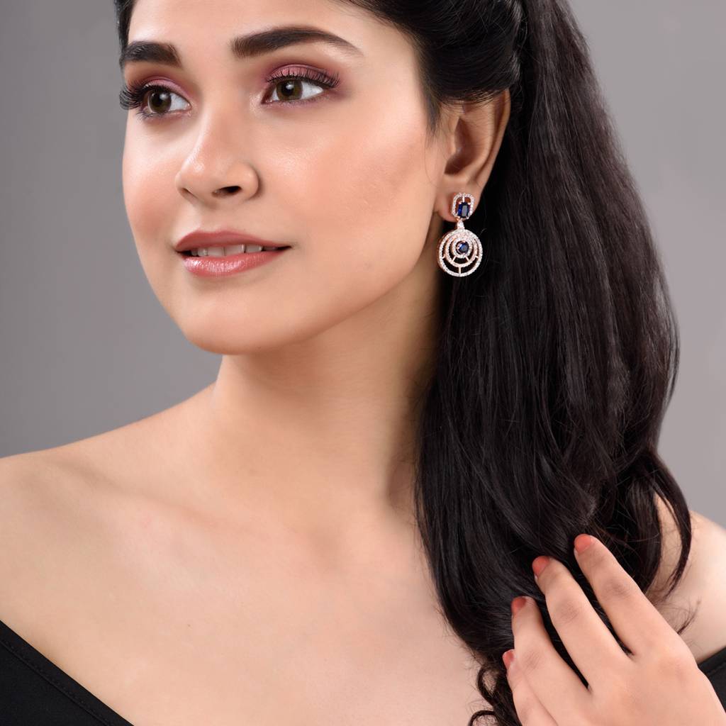 Rose Gold Plated Blue & White Ad Studded Concentric Dropdown Earrings : SJER1331