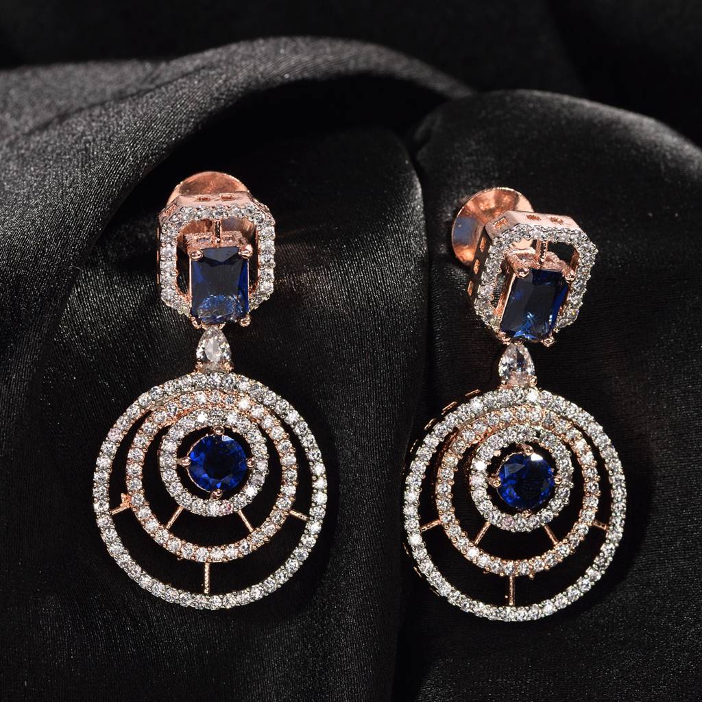 Rose Gold Plated Blue & White Ad Studded Concentric Dropdown Earrings : SJER1331