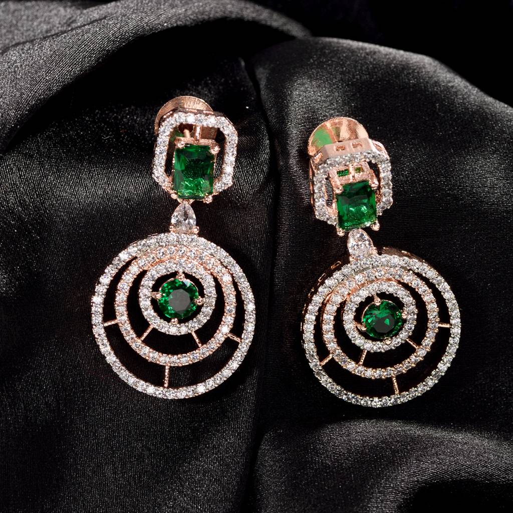 Rose Gold Plated Green White Ad Studded Concentric Dropdown Earrings  Brass Free Size Green