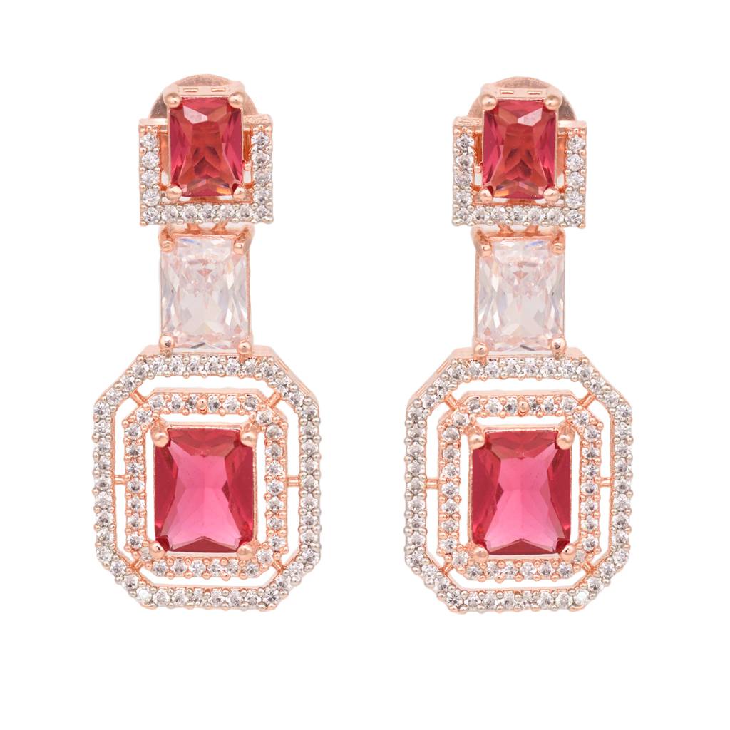 Rose Gold Plated Pink Ruby & White Ad Studded Dropdown Statement Earrings : SJER1333