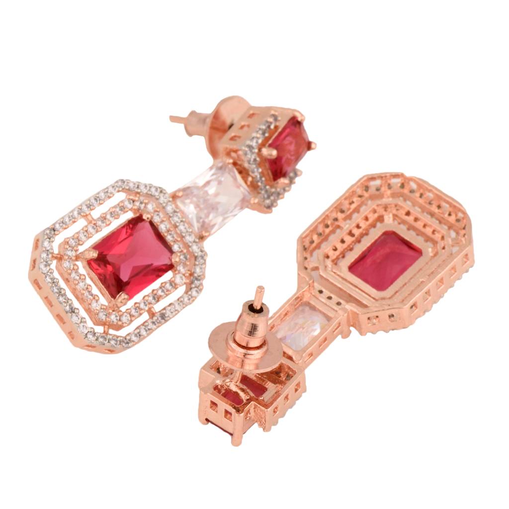 Rose Gold Plated Pink Ruby & White Ad Studded Dropdown Statement Earrings : SJER1333