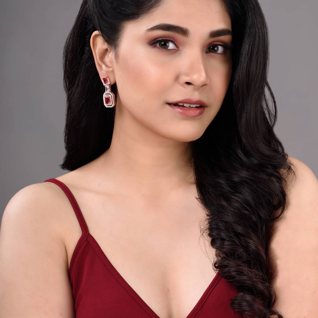 Rose Gold Plated Pink Ruby & White Ad Studded Dropdown Statement Earrings : SJER1333