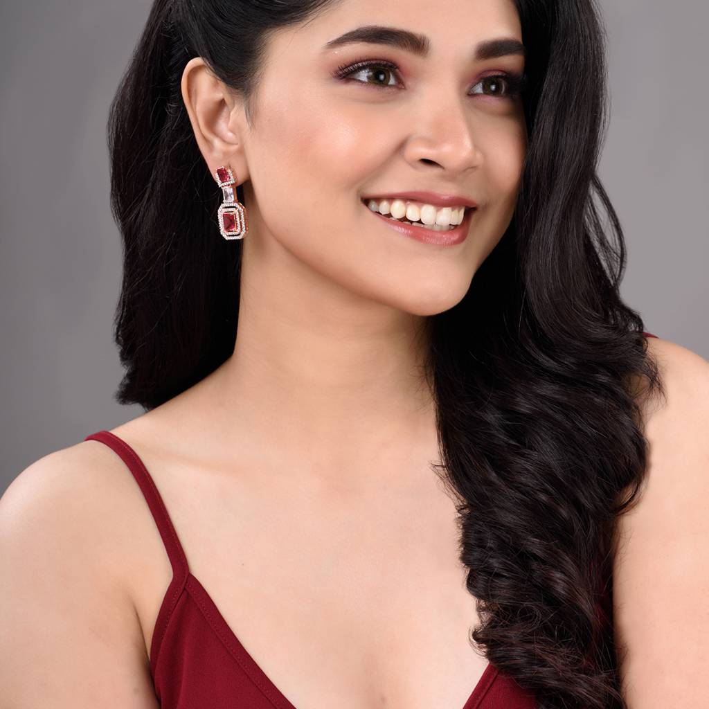 Rose Gold Plated Pink Ruby & White Ad Studded Dropdown Statement Earrings : SJER1333