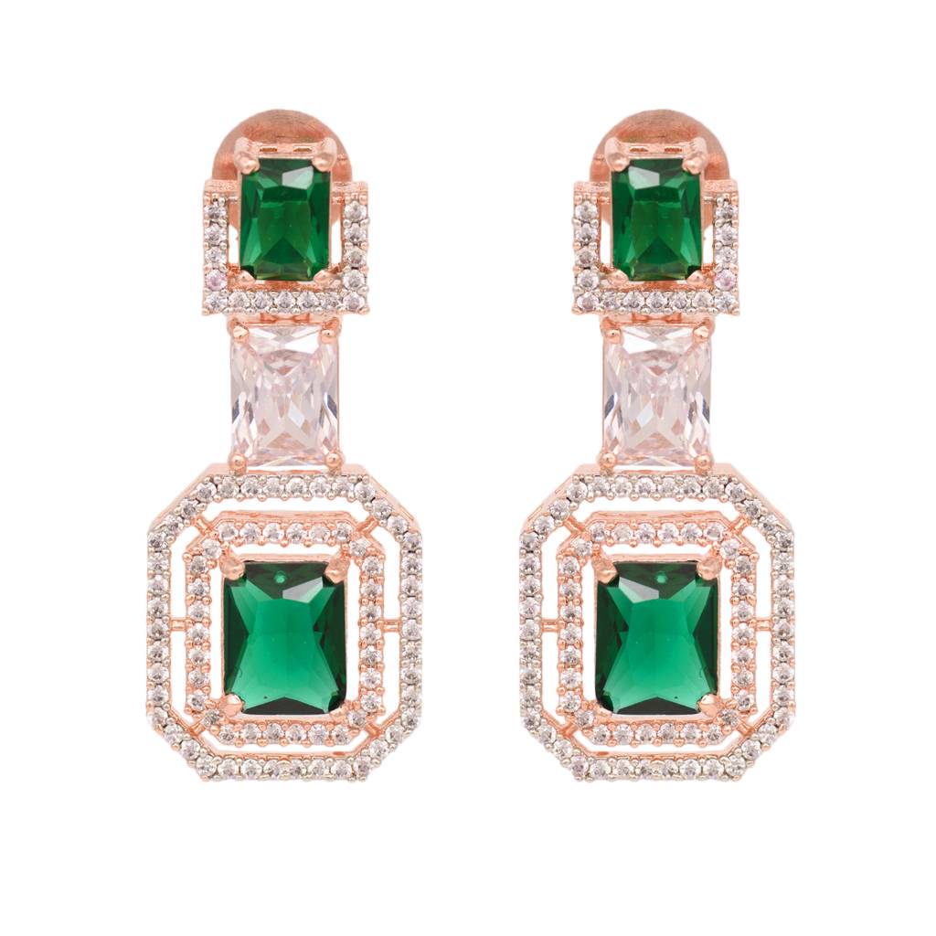 Rose Gold Plated Green & White Ad Studded Dropdown Statement Earrings : SJER1334