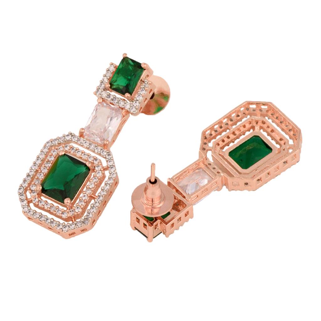 Rose Gold Plated Green & White Ad Studded Dropdown Statement Earrings : SJER1334
