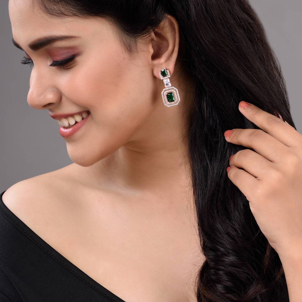 Rose Gold Plated Green & White Ad Studded Dropdown Statement Earrings : SJER1334