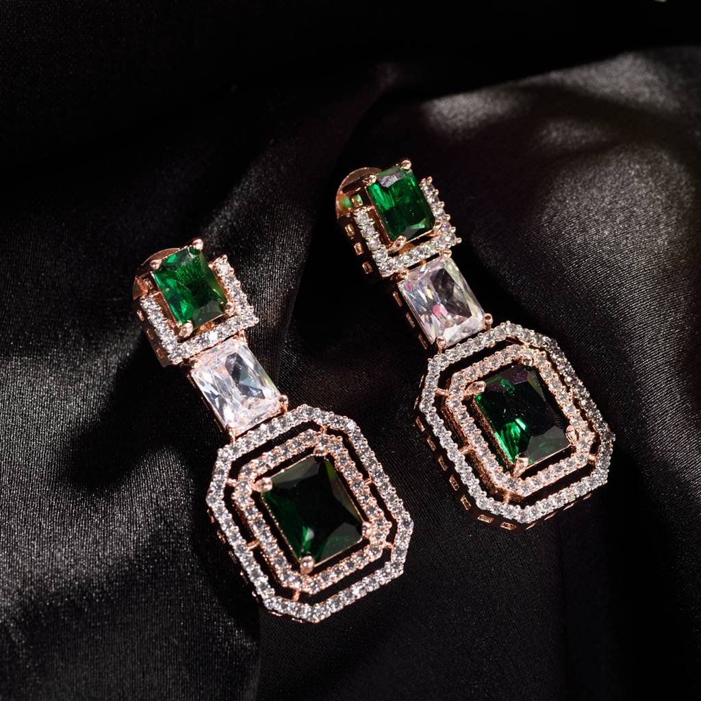 Rose Gold Plated Green & White Ad Studded Dropdown Statement Earrings : SJER1334