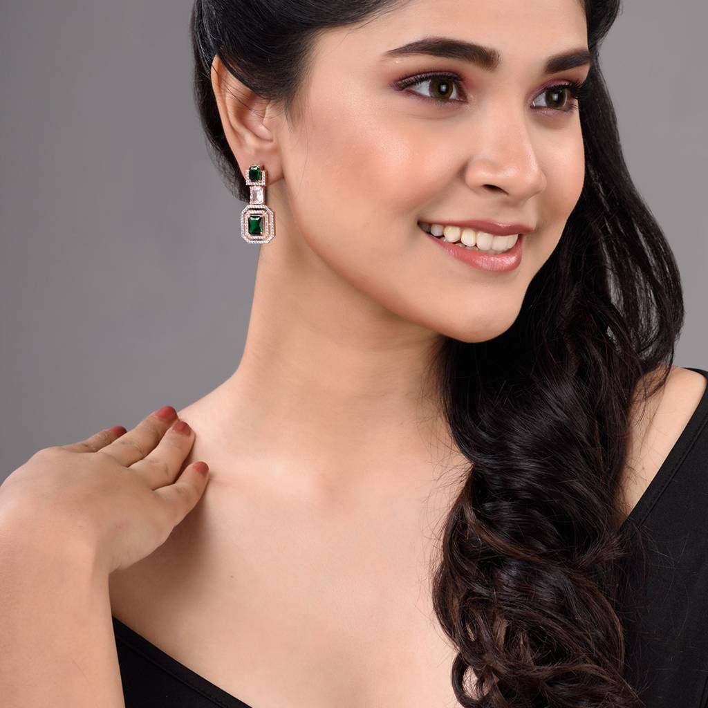 Rose Gold Plated Green & White Ad Studded Dropdown Statement Earrings : SJER1334
