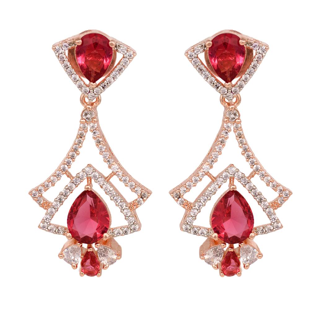 Rose Gold Plated Pink Ruby & White Ad Studded Quirky Dropdown Earrings : SJER1335