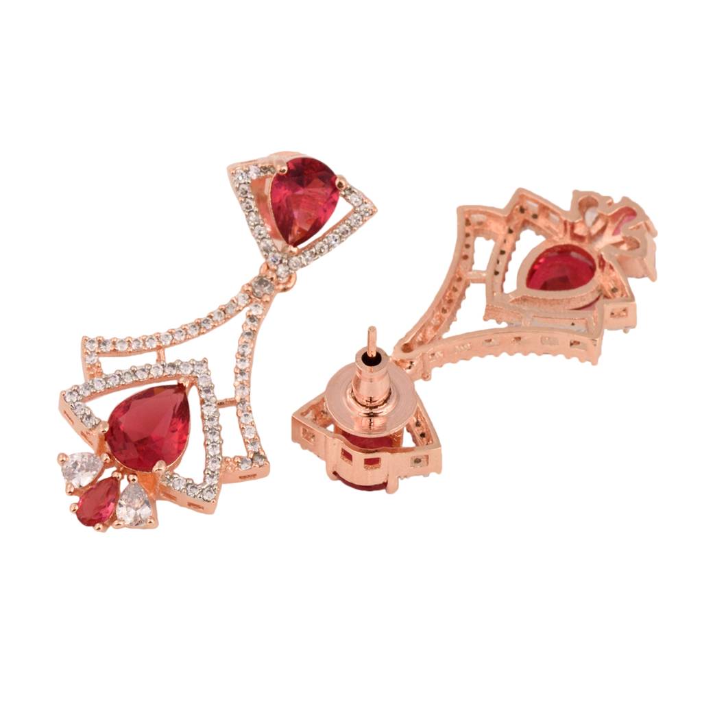 Rose Gold Plated Pink Ruby & White Ad Studded Quirky Dropdown Earrings : SJER1335
