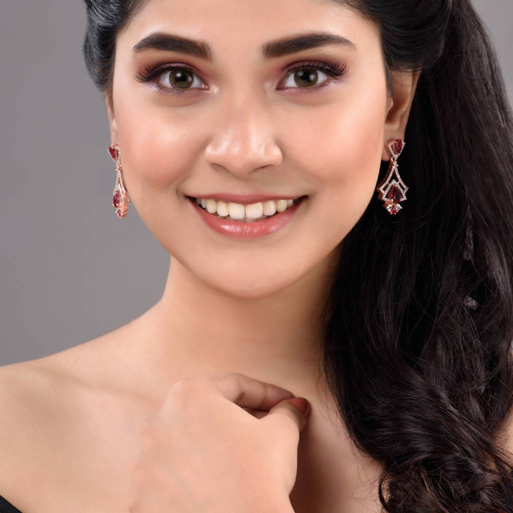 Rose Gold Plated Pink Ruby & White Ad Studded Quirky Dropdown Earrings : SJER1335