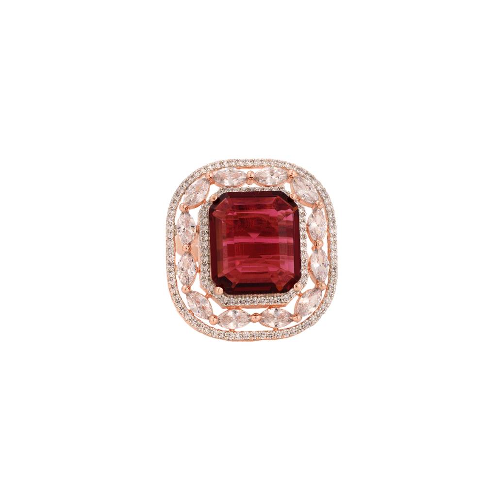 Rose Gold Plated Red Ruby Studded Adjustable Cocktail Finger Ring : SJRG1339