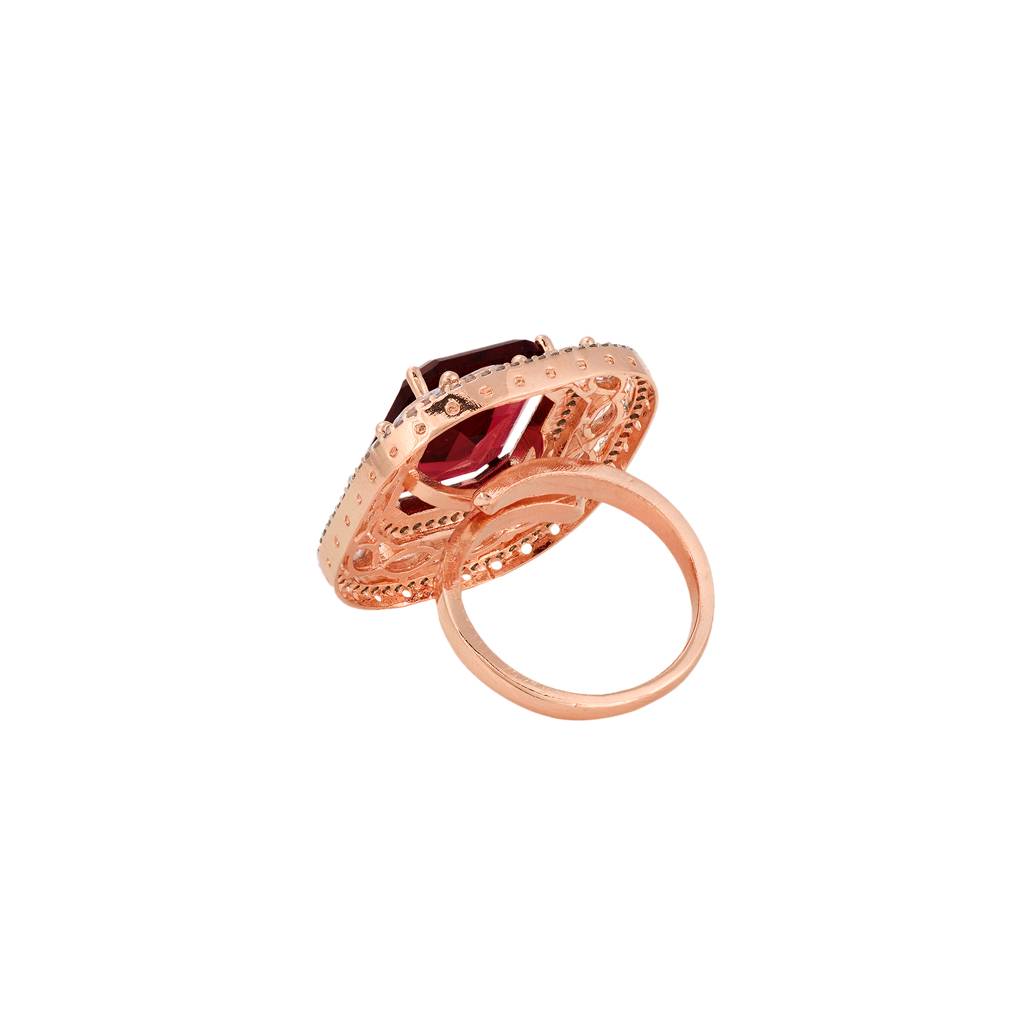 Rose Gold Plated Red Ruby Studded Adjustable Cocktail Finger Ring : SJRG1339