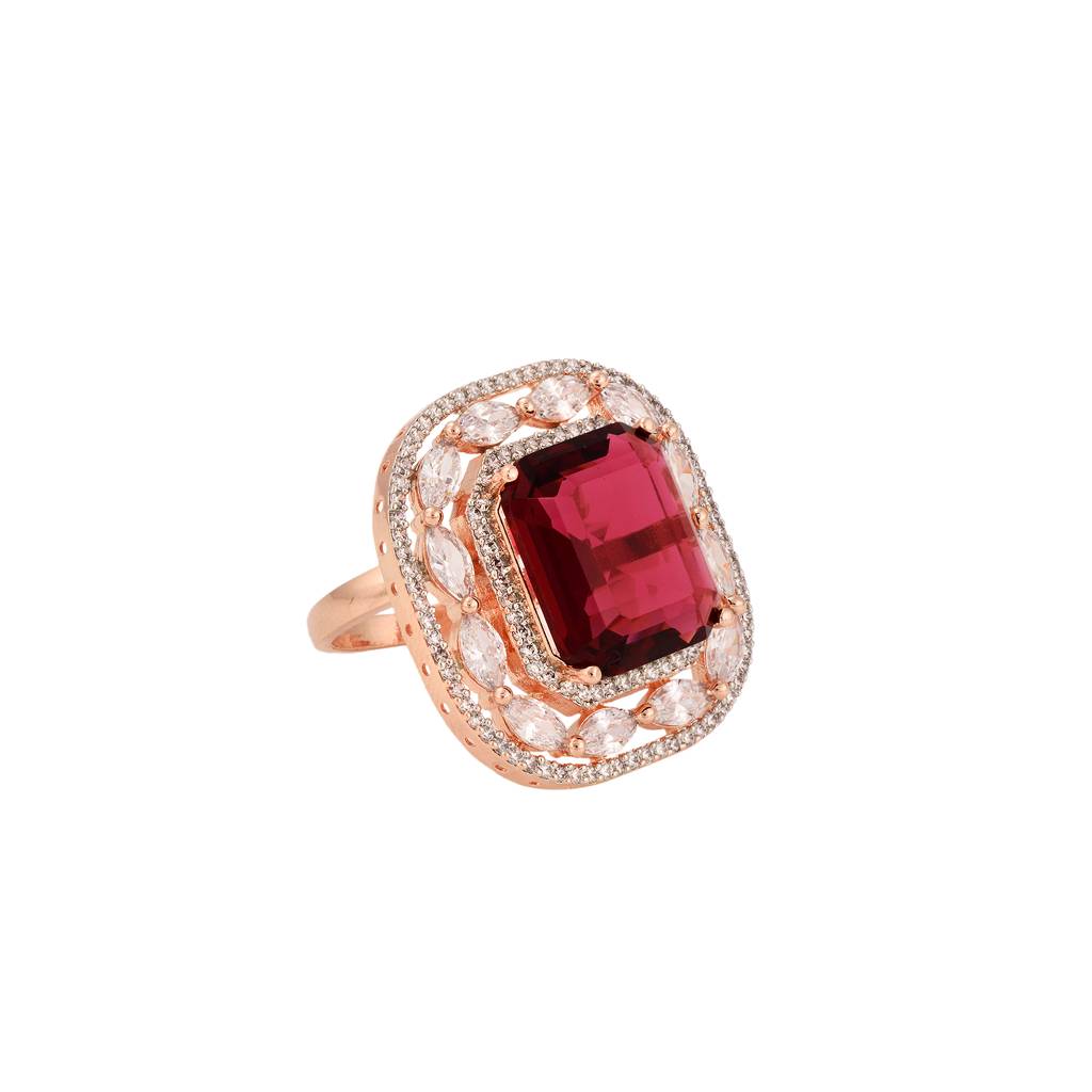 Rose Gold Plated Red Ruby Studded Adjustable Cocktail Finger Ring : SJRG1339