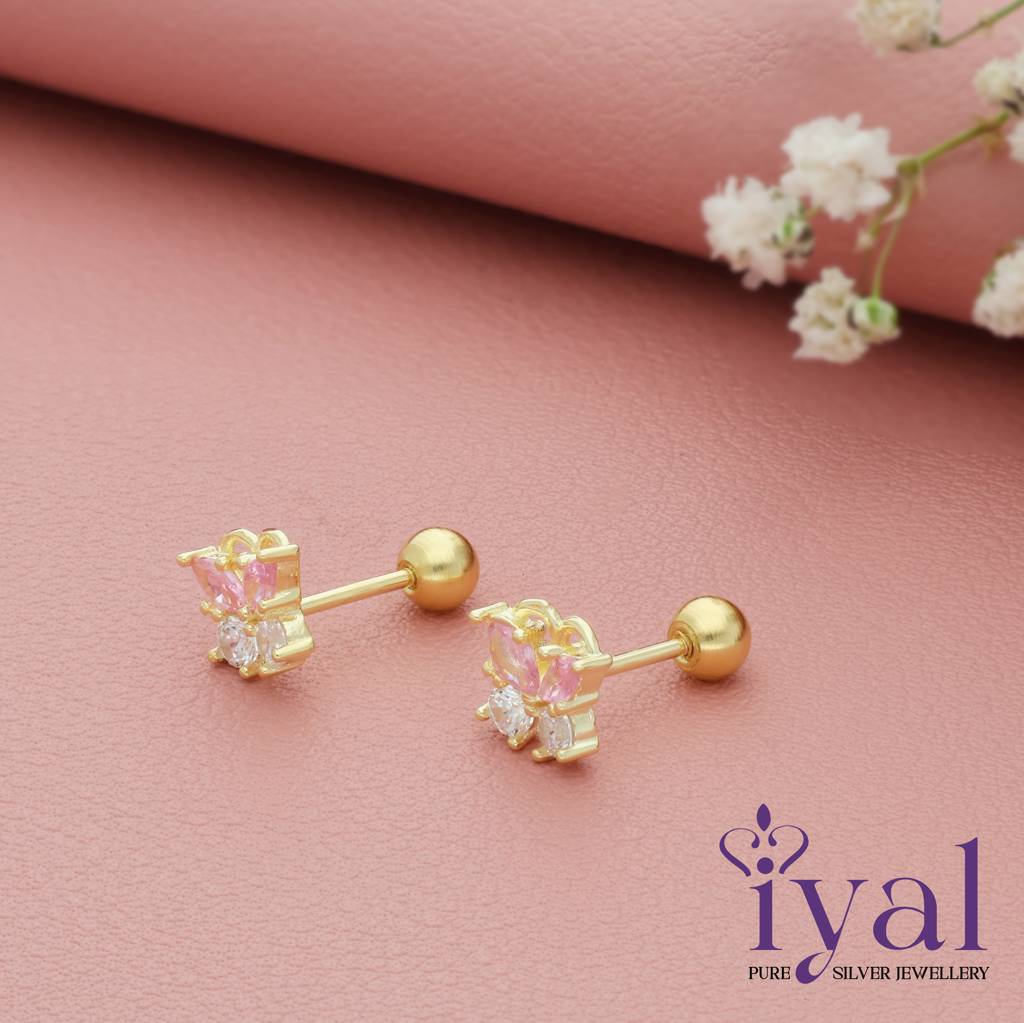 Cute Pinky Butterfly Gold Polish Silver Stud (5+ Yrs) : 134
