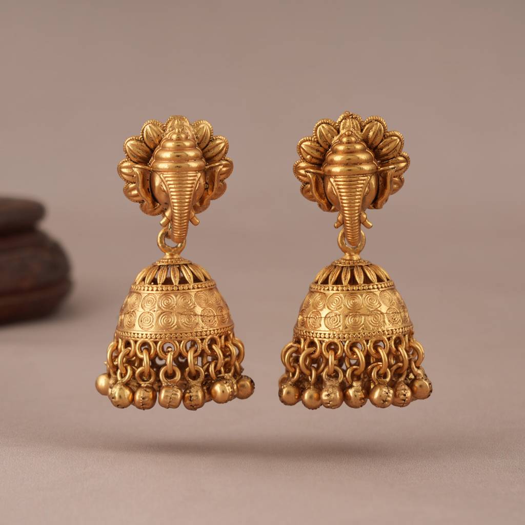 Cute Antique Gold Ganesh Ball Drop Jhumka Earring I Temple Jewellery : SJ122