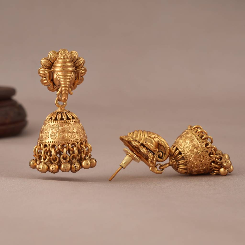Cute Antique Gold Ganesh Ball Drop Jhumka Earring I Temple Jewellery : SJ122