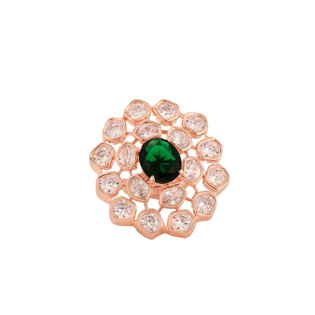 Rose Gold Plated Green Ad Studded Floral Adjustable Cocktail Finger Rings : SJRG1343