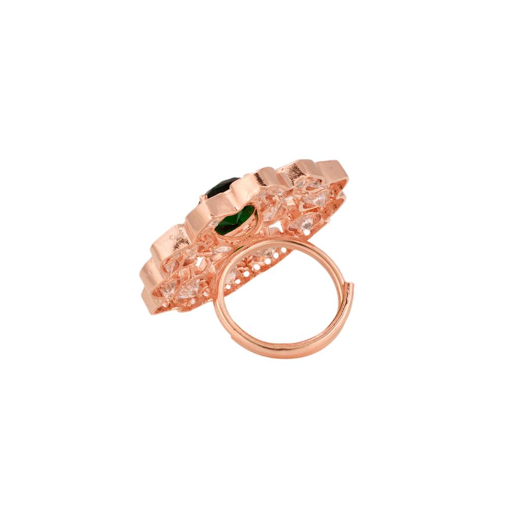 Rose Gold Plated Green Ad Studded Floral Adjustable Cocktail Finger Rings : SJRG1343