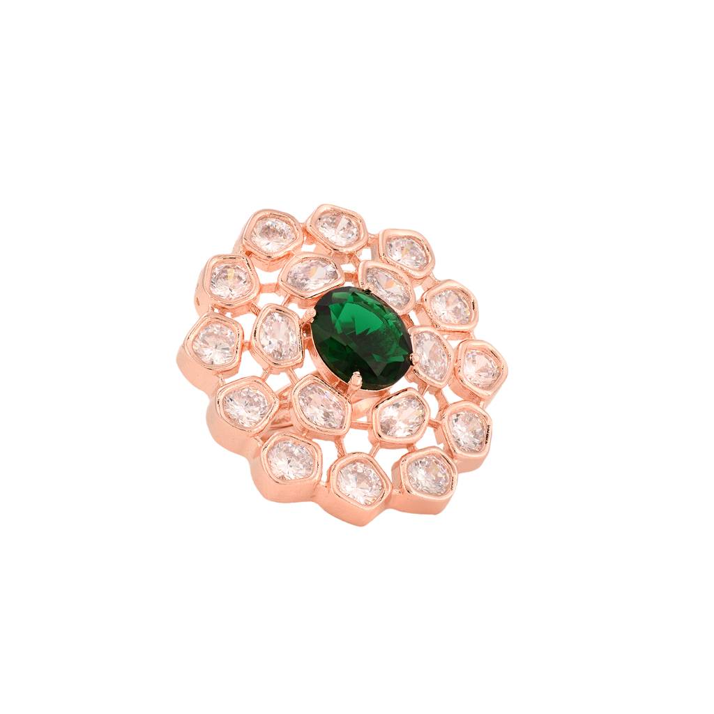 Rose Gold Plated Green Ad Studded Floral Adjustable Cocktail Finger Rings : SJRG1343