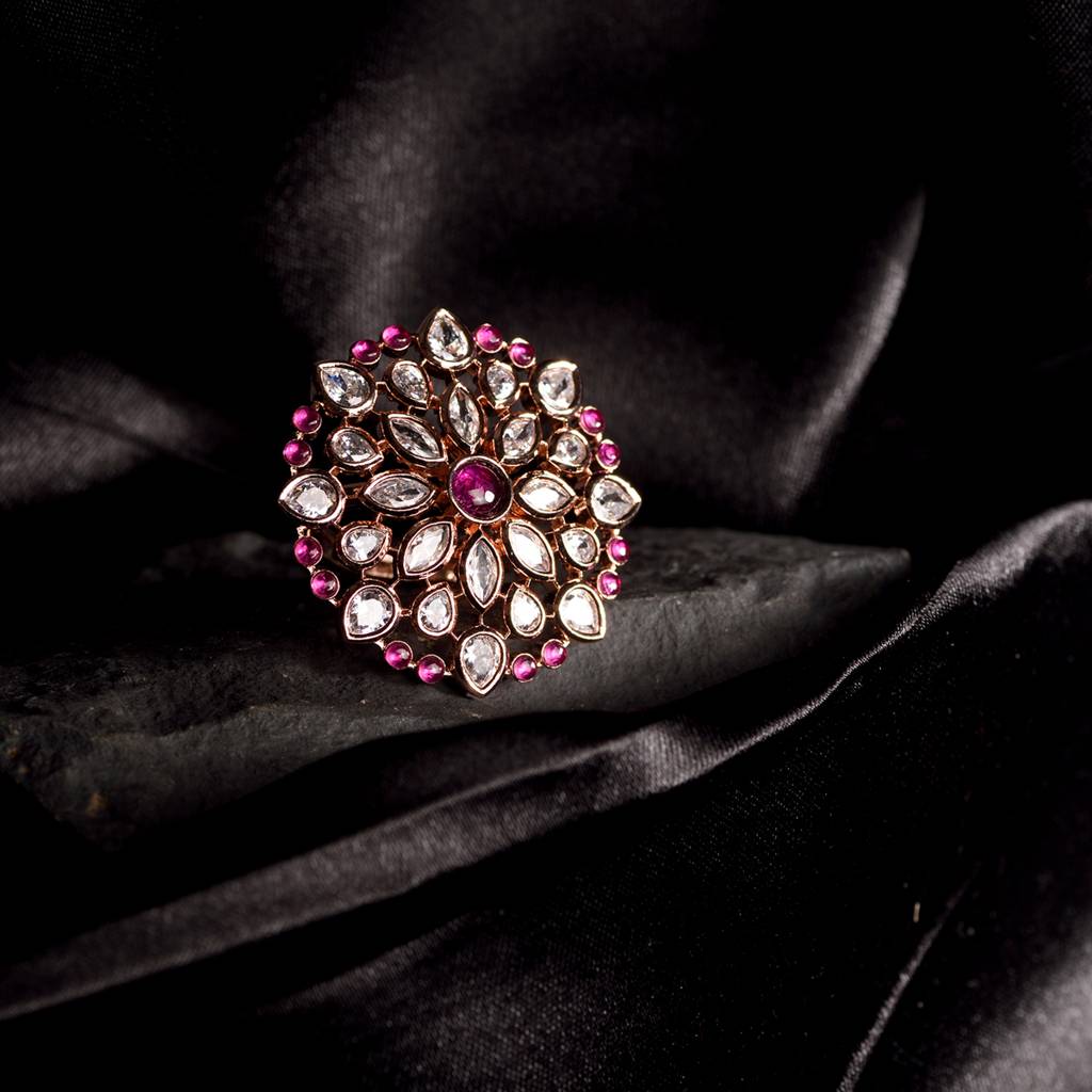 Rose Gold Plated Pink Ruby Ad Studded Floral Adjustable Cocktail