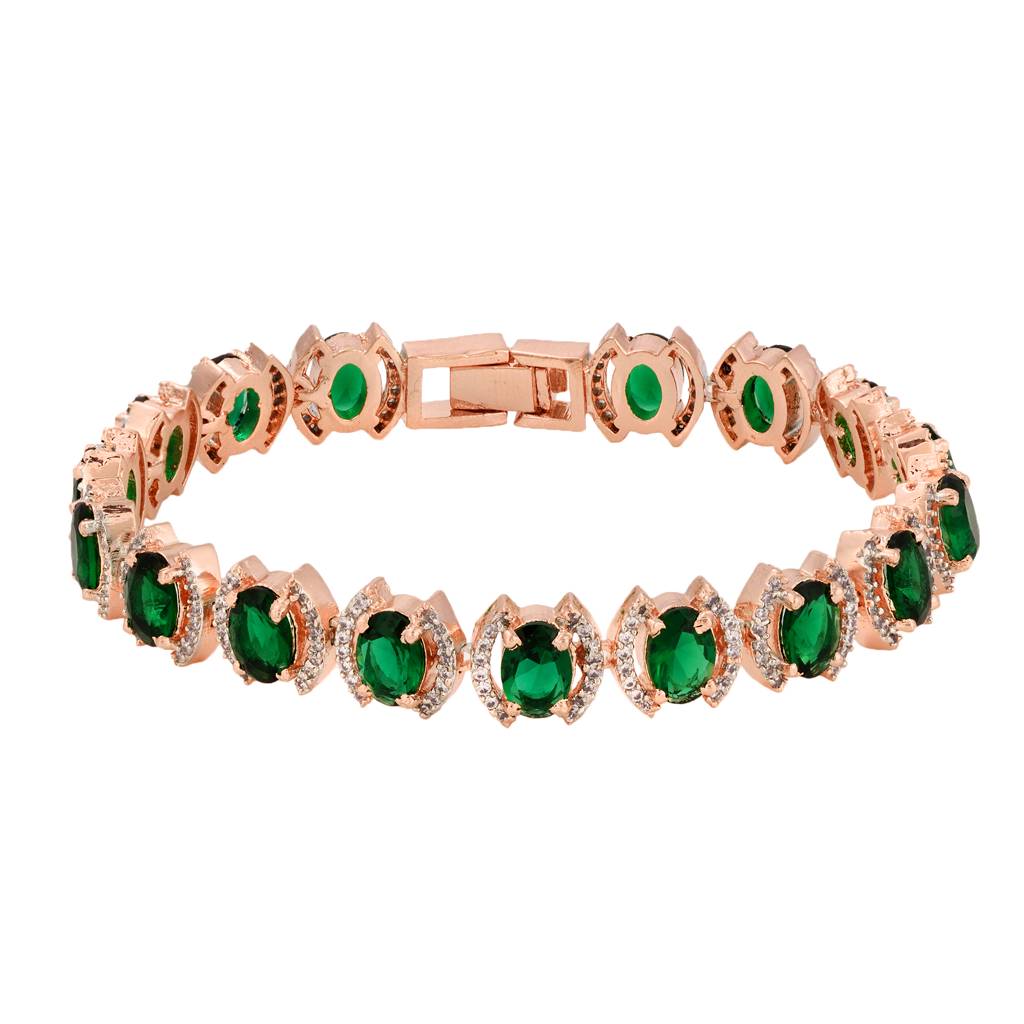 Rose Gold Plated Oval Green Ad Studded Designer Tennis Bracelet For Her : SJBR1350