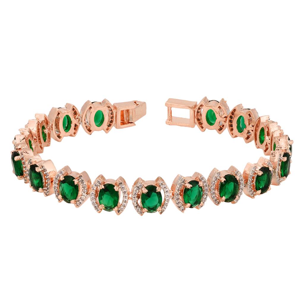 Rose Gold Plated Oval Green Ad Studded Designer Tennis Bracelet For Her : SJBR1350