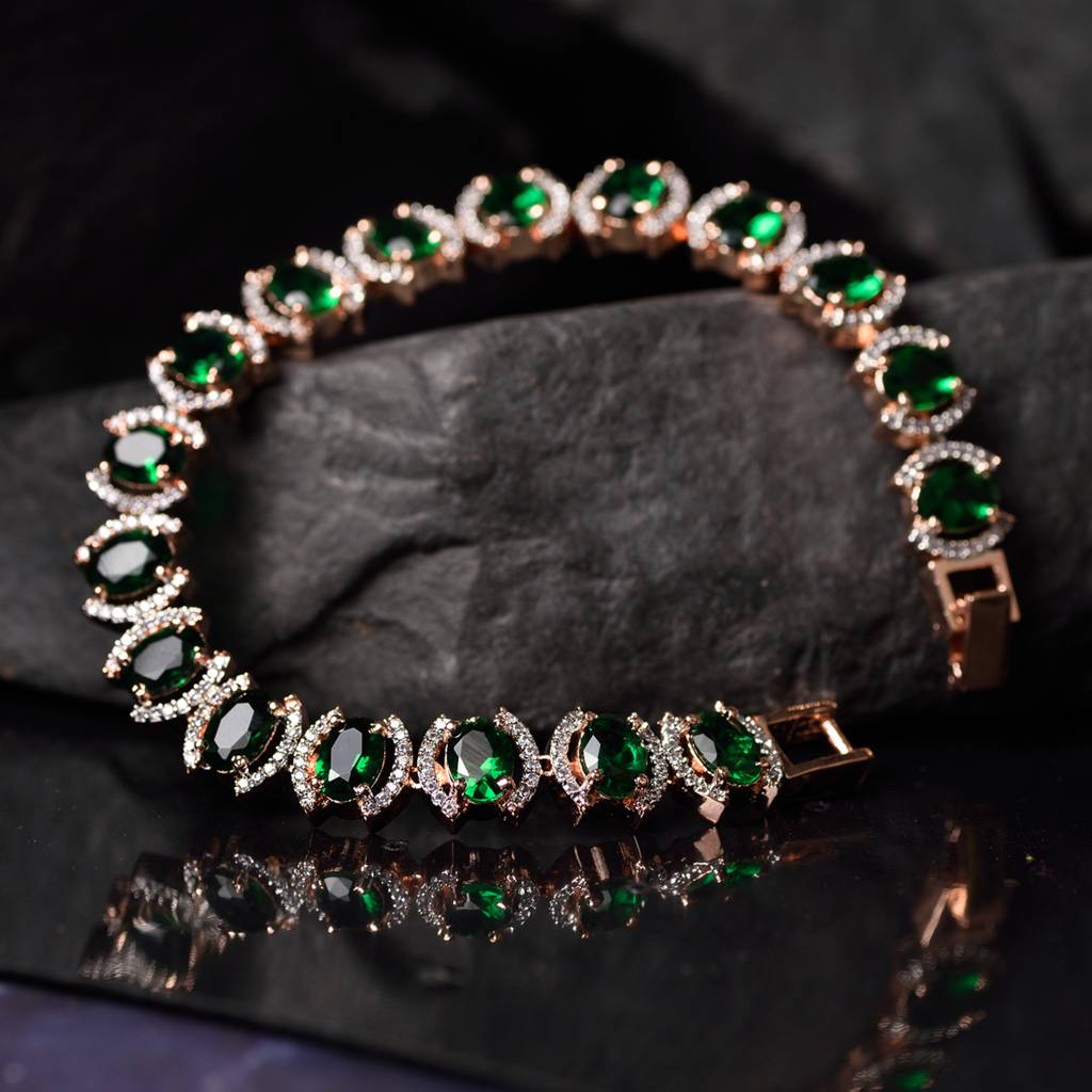 Rose Gold Plated Oval Green Ad Studded Designer Tennis Bracelet For Her : SJBR1350
