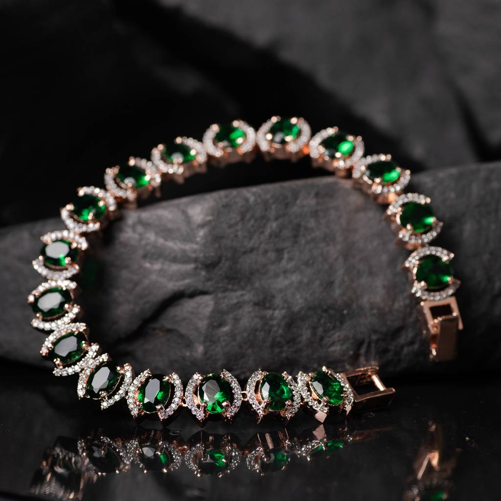 Rose Gold Plated Oval Green Ad Studded Designer Tennis Bracelet For Her : SJBR1350