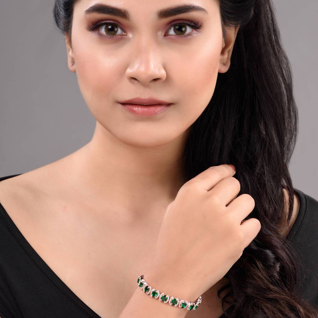 Rose Gold Plated Oval Green Ad Studded Designer Tennis Bracelet For Her : SJBR1350