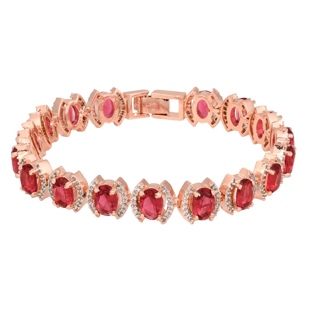 Rose Gold Plated Oval Pink Ruby Ad Studded Handcrafted Tennis Bracelet For Her : SJBR1351