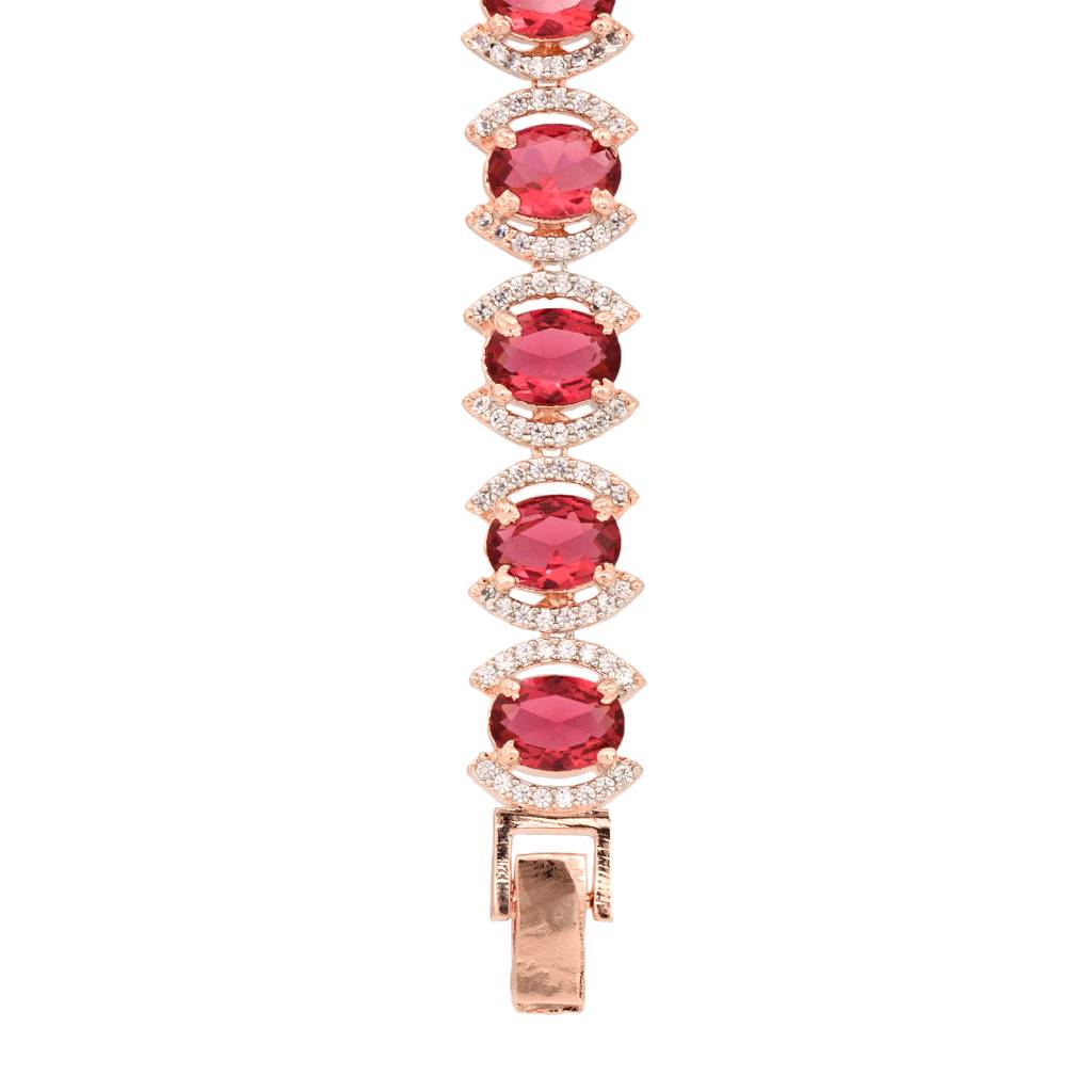 Rose Gold Plated Oval Pink Ruby Ad Studded Handcrafted Tennis Bracelet For Her : SJBR1351